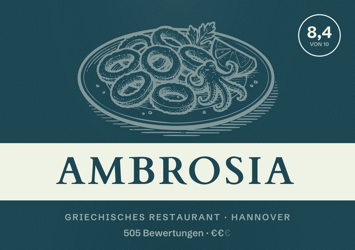 Illustriertes Poster von Ambrosia, Griechisches Restaurant in Hannover: Bewertung 8,4 von 10 aus 505 Bewertungen, Preisniveau €€