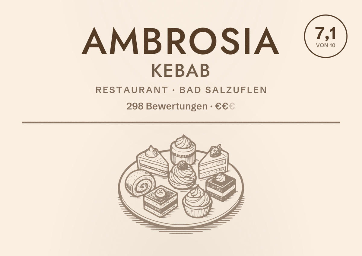 Illustriertes Poster von Ambrosia Kebab, Restaurant in Bad Salzuflen: Bewertung 7,1 von 10 aus 298 Bewertungen, Preisniveau €€