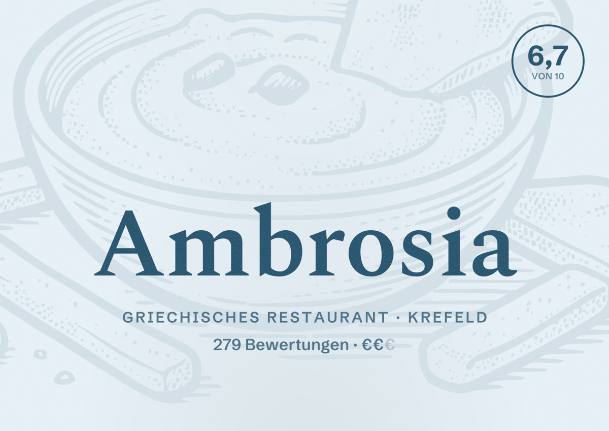 Illustriertes Poster von Ambrosia, Griechisches Restaurant in Krefeld: Bewertung 6,7 von 10 aus 279 Bewertungen, Preisniveau €€