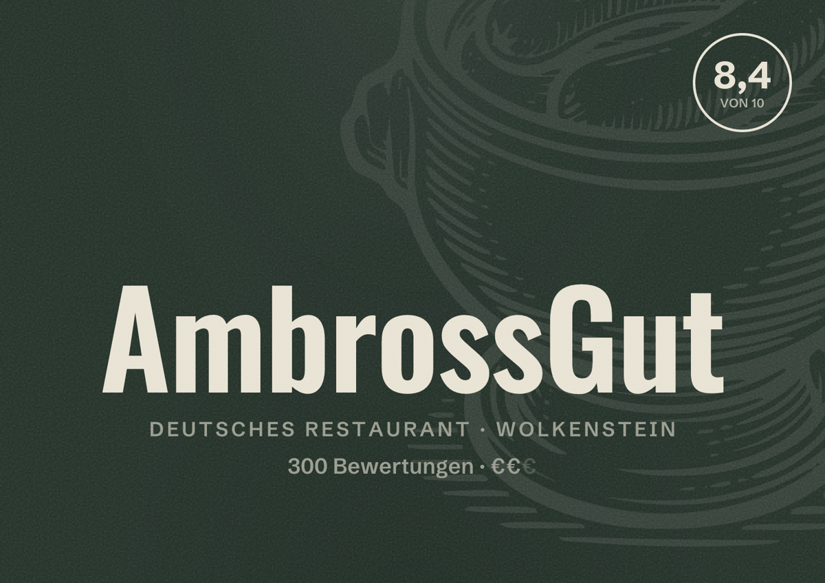 Illustriertes Poster von AmbrossGut, Deutsches Restaurant in Wolkenstein: Bewertung 8,4 von 10 aus 300 Bewertungen, Preisniveau €€