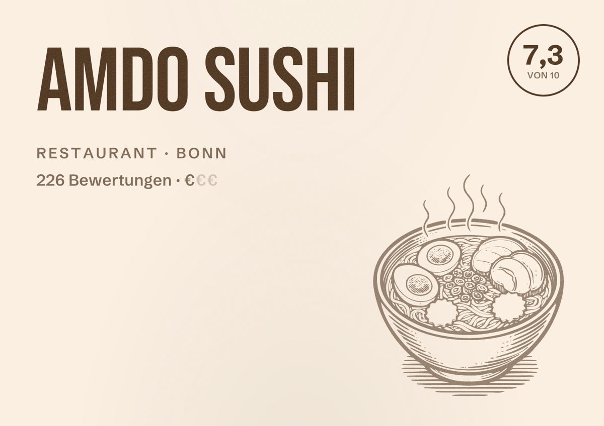 Illustriertes Poster von Amdo Sushi, Restaurant in Bonn: Bewertung 7,3 von 10 aus 226 Bewertungen, Preisniveau €