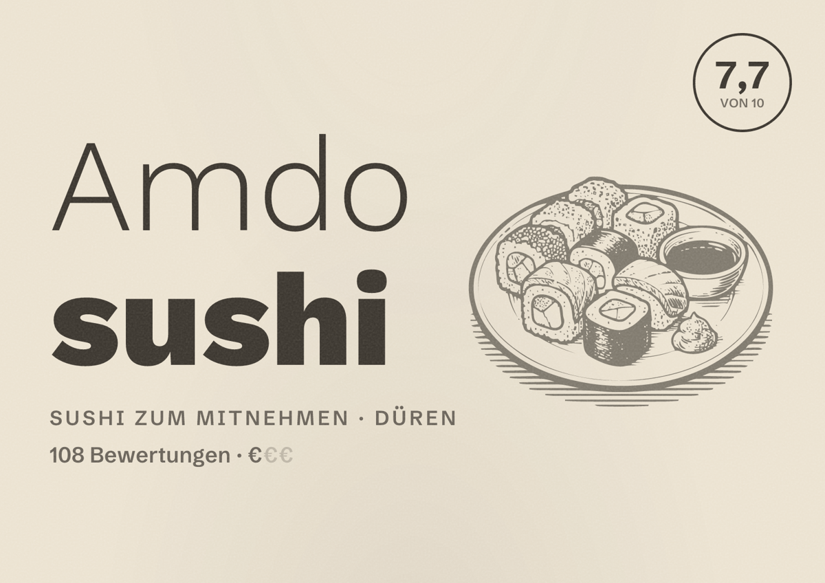 Illustriertes Poster von Amdo sushi, Sushi zum Mitnehmen in Düren: Bewertung 7,7 von 10 aus 108 Bewertungen, Preisniveau €