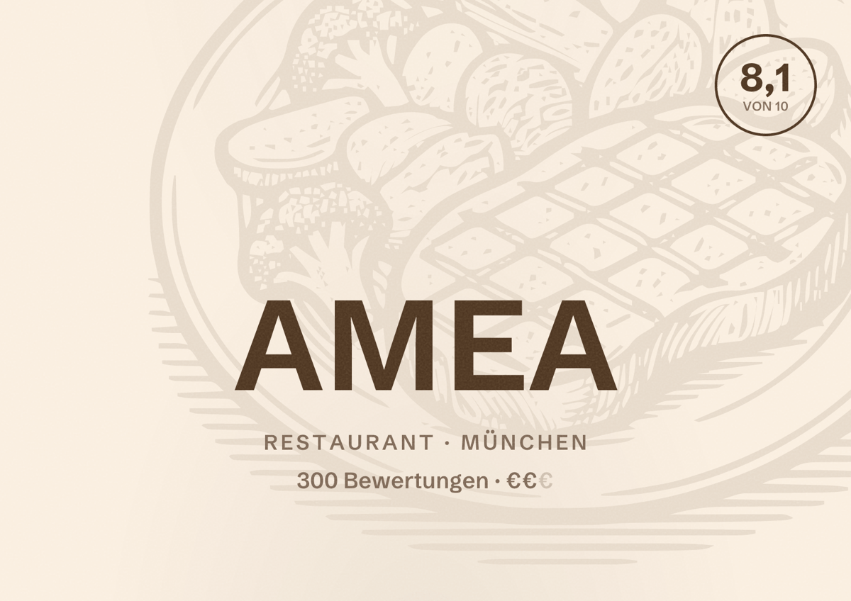 Illustriertes Poster von AMEA, Restaurant in München: Bewertung 8,1 von 10 aus 300 Bewertungen, Preisniveau €€