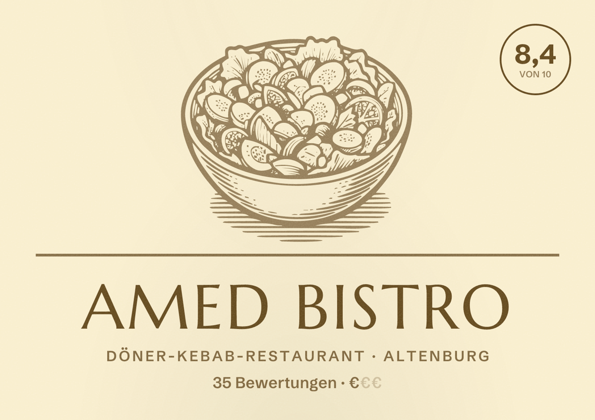 Illustriertes Poster von Amed Bistro, Döner-Kebab-Restaurant in Altenburg: Bewertung 8,4 von 10 aus 35 Bewertungen, Preisniveau €