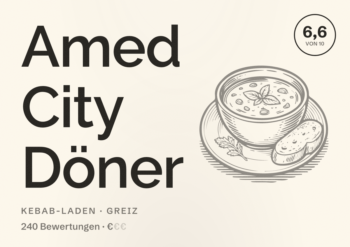 Illustriertes Poster von Amed City Döner, Kebab-Laden in Greiz: Bewertung 6,6 von 10 aus 240 Bewertungen, Preisniveau €