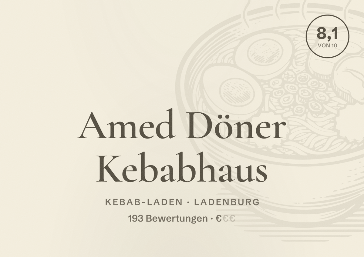 Illustriertes Poster von Amed Döner Kebabhaus, Kebab-Laden in Ladenburg: Bewertung 8,1 von 10 aus 193 Bewertungen, Preisniveau €