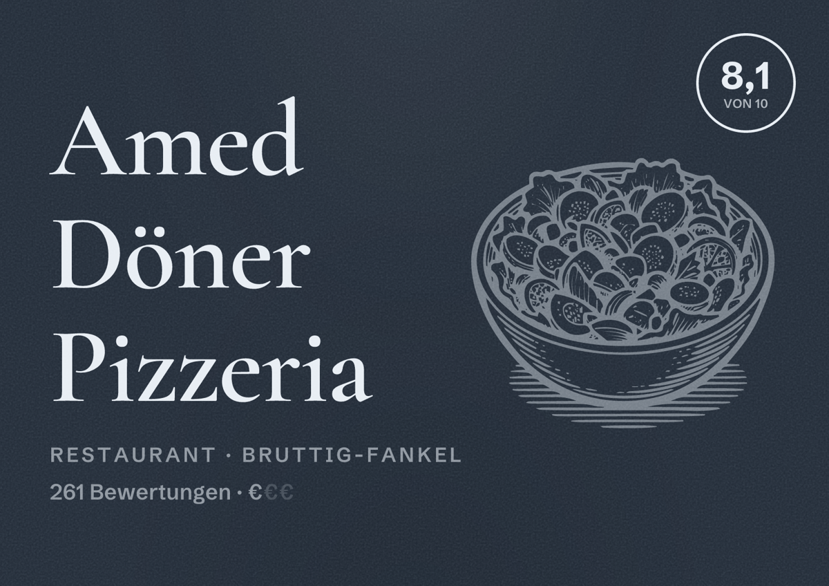 Illustriertes Poster von Amed Döner Pizzeria, Restaurant in Bruttig-Fankel: Bewertung 8,1 von 10 aus 261 Bewertungen, Preisniveau €