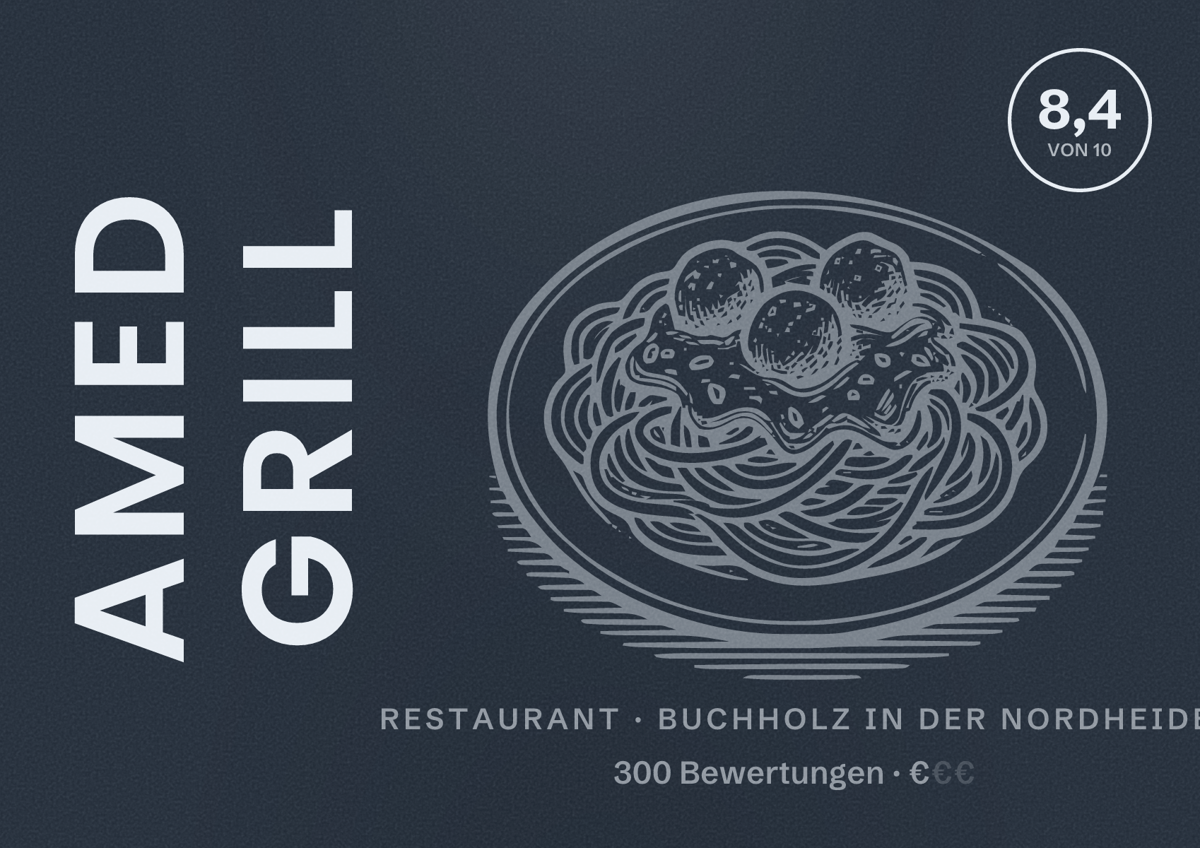 Illustriertes Poster von Amed Grill, Restaurant in Buchholz in der Nordheide: Bewertung 8,4 von 10 aus 300 Bewertungen, Preisniveau €