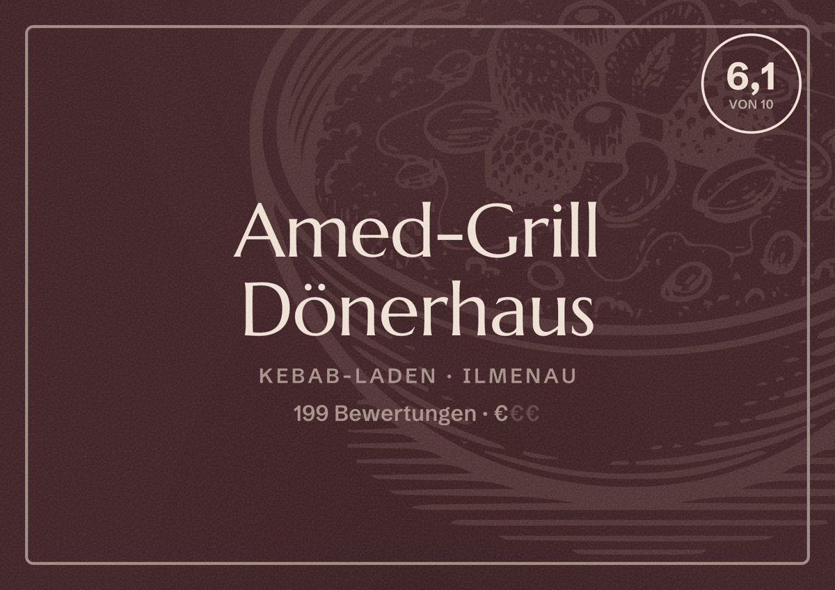 Illustriertes Poster von Amed-Grill Dönerhaus, Kebab-Laden in Ilmenau: Bewertung 6,1 von 10 aus 199 Bewertungen, Preisniveau €