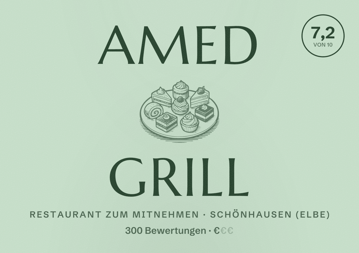 Illustriertes Poster von Amed Grill, Restaurant zum Mitnehmen in Schönhausen (Elbe): Bewertung 7,2 von 10 aus 300 Bewertungen, Preisniveau €
