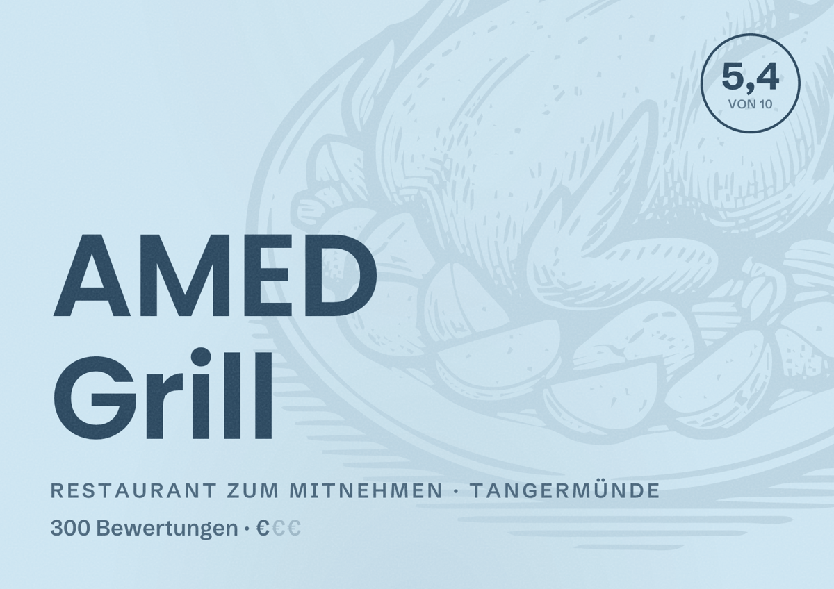 Illustriertes Poster von AMED Grill, Restaurant zum Mitnehmen in Tangermünde: Bewertung 5,4 von 10 aus 300 Bewertungen, Preisniveau €