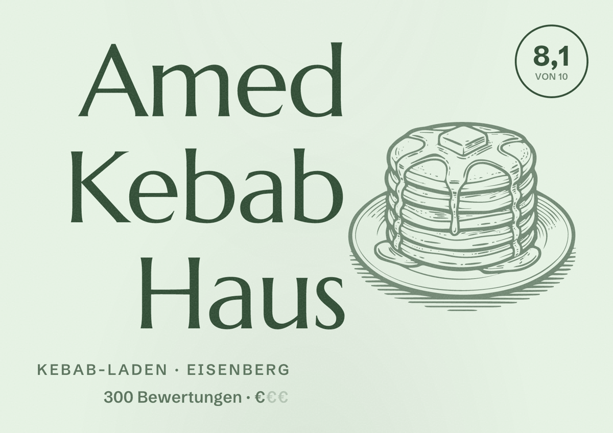 Illustriertes Poster von Amed Kebab Haus, Kebab-Laden in Eisenberg: Bewertung 8,1 von 10 aus 300 Bewertungen, Preisniveau €