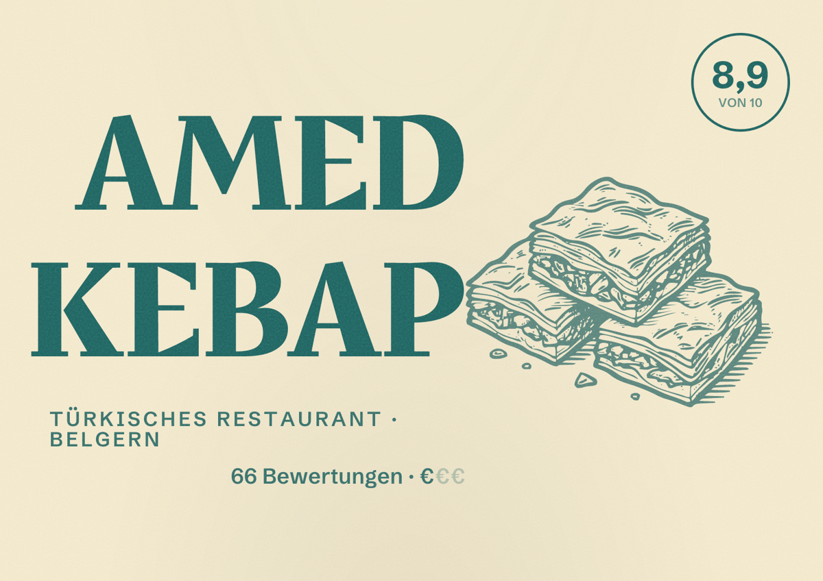 Illustriertes Poster von AMED KEBAP, Türkisches Restaurant in Belgern: Bewertung 8,9 von 10 aus 66 Bewertungen, Preisniveau €