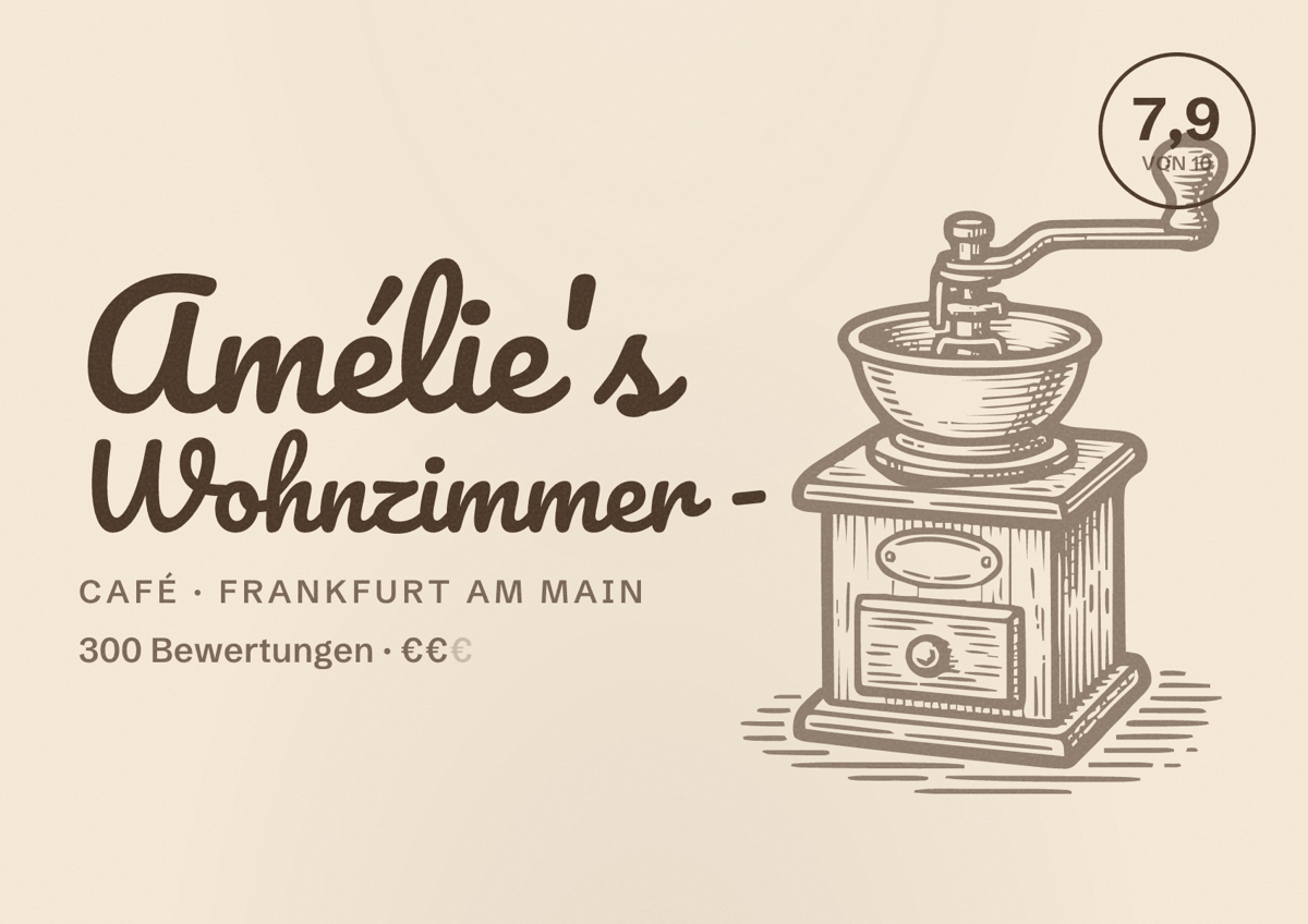 Illustriertes Poster von Amélie's Wohnzimmer -, Café in Frankfurt am Main: Bewertung 7,9 von 10 aus 300 Bewertungen, Preisniveau €€