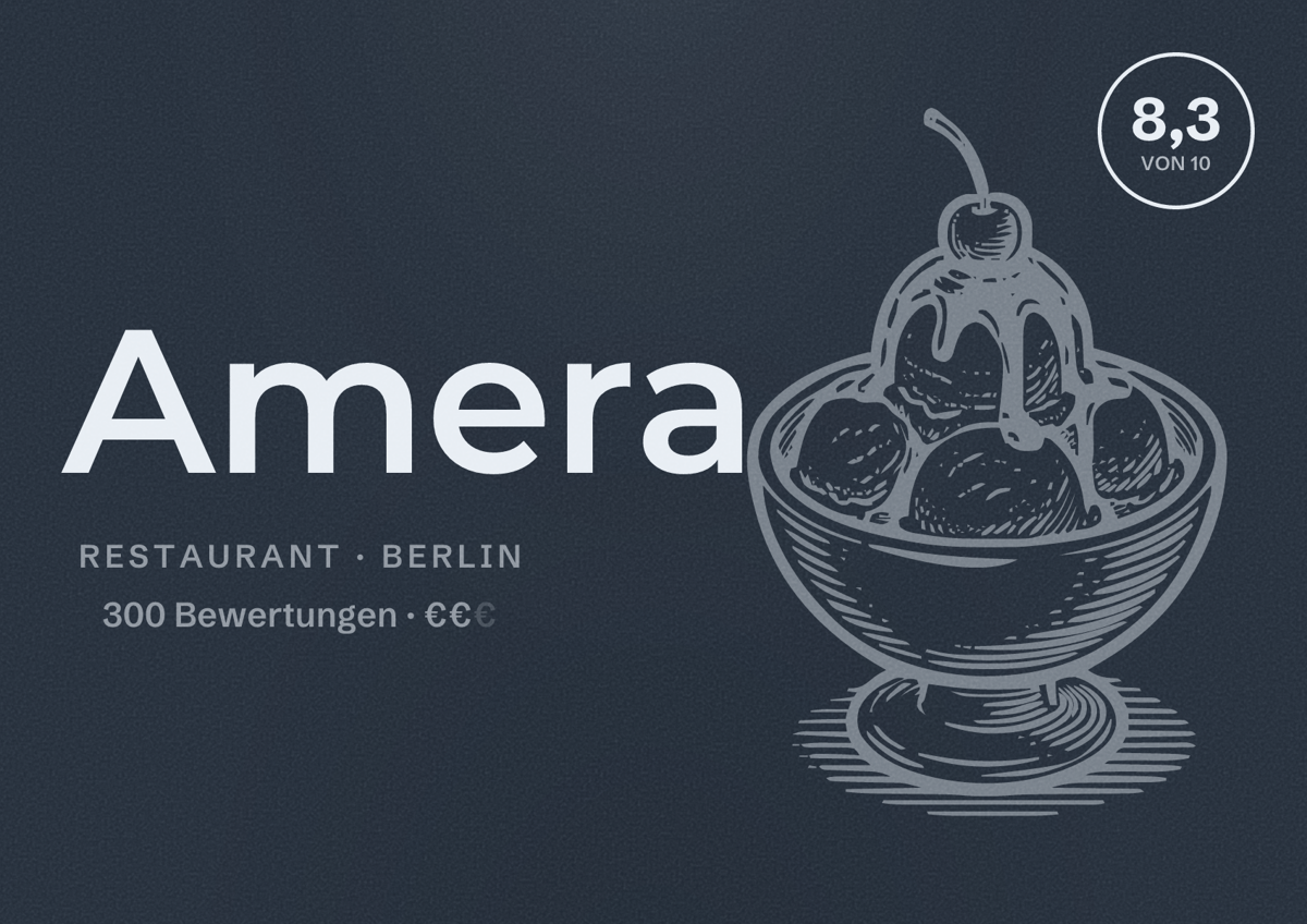 Illustriertes Poster von Amera, Restaurant in Berlin: Bewertung 8,3 von 10 aus 300 Bewertungen, Preisniveau €€