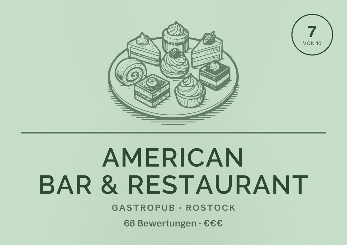 Illustriertes Poster von American Bar & Restaurant, Gastropub in Rostock: Bewertung 7 von 10 aus 66 Bewertungen, Preisniveau €€€