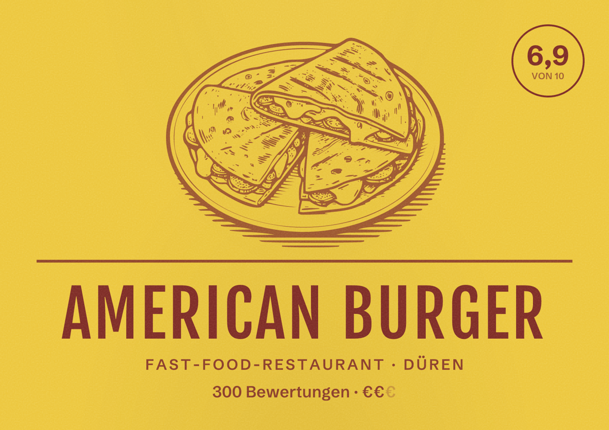 Illustriertes Poster von American Burger, Fast-Food-Restaurant in Düren: Bewertung 6,9 von 10 aus 300 Bewertungen, Preisniveau €€