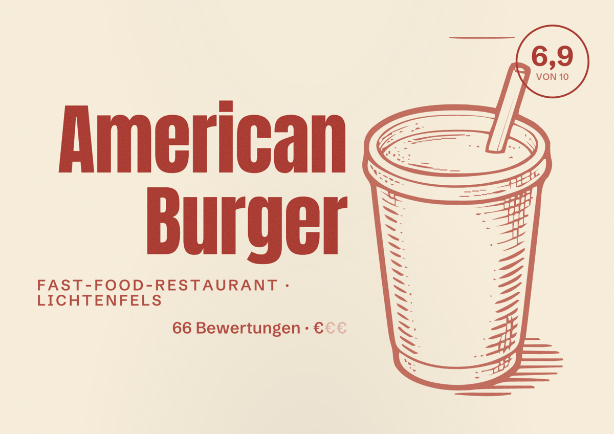 Illustriertes Poster von American Burger, Fast-Food-Restaurant in Lichtenfels: Bewertung 6,9 von 10 aus 66 Bewertungen, Preisniveau €
