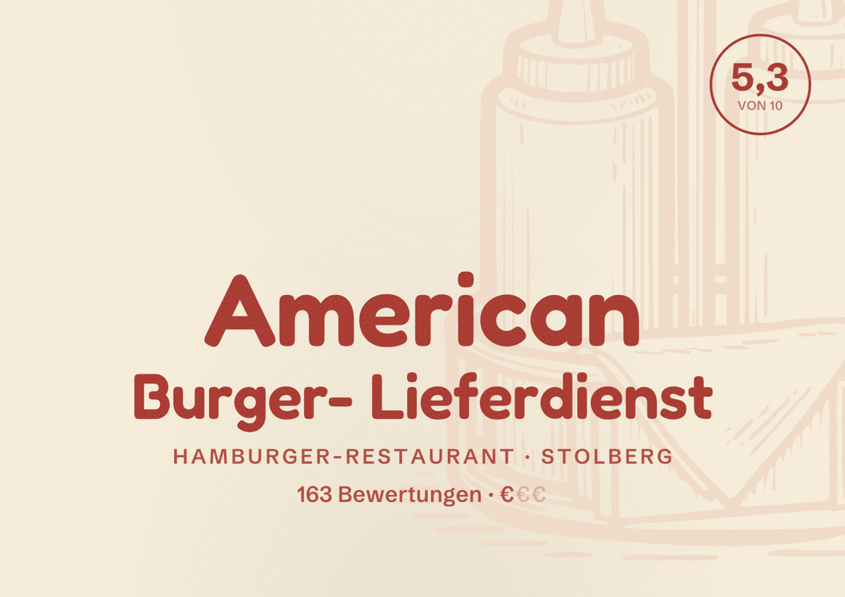 Illustriertes Poster von American Burger- Lieferdienst, Hamburger-Restaurant in Stolberg: Bewertung 5,3 von 10 aus 163 Bewertungen, Preisniveau €