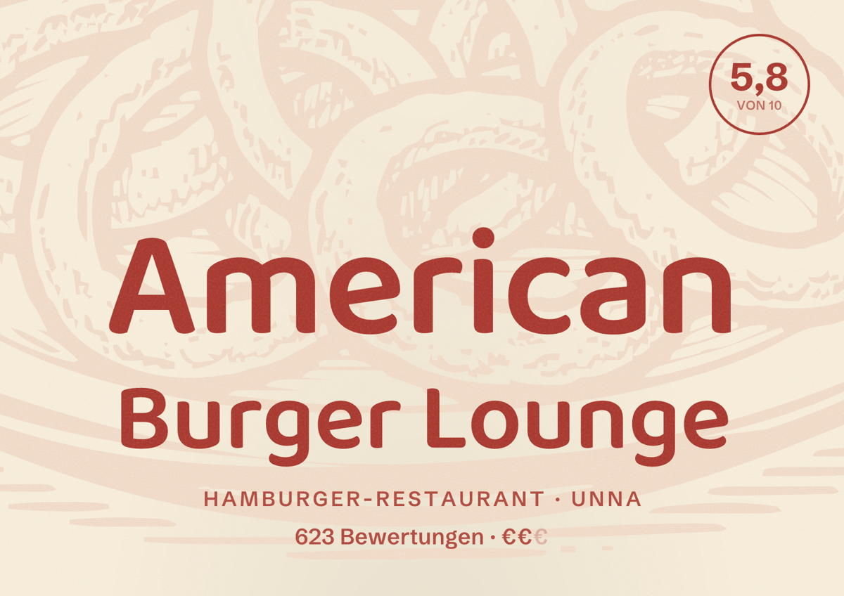 Illustriertes Poster von American Burger Lounge, Hamburger-Restaurant in Unna: Bewertung 5,8 von 10 aus 623 Bewertungen, Preisniveau €€