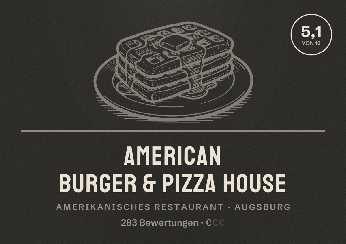 Illustriertes Poster von American Burger & Pizza House, Amerikanisches Restaurant in Augsburg: Bewertung 5,1 von 10 aus 283 Bewertungen, Preisniveau €