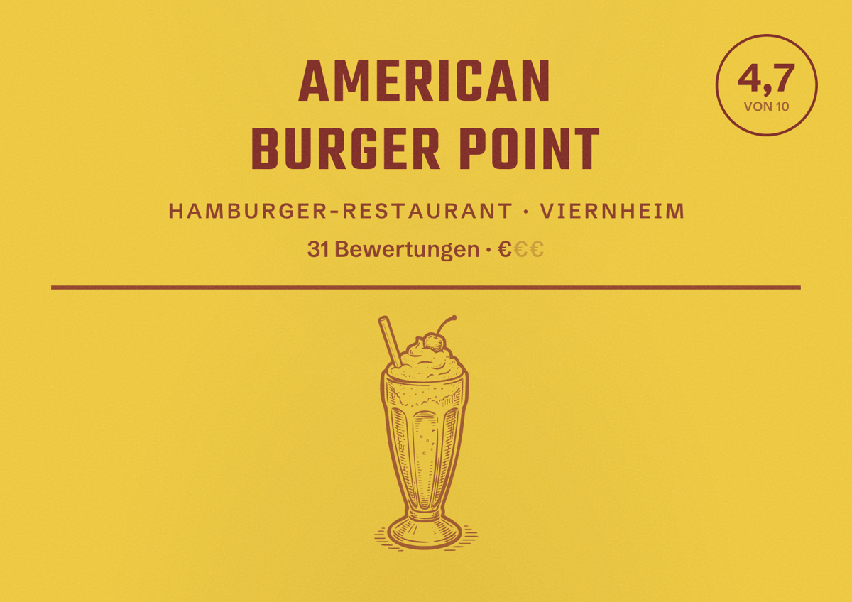 Illustriertes Poster von AMERICAN BURGER POINT, Hamburger-Restaurant in Viernheim: Bewertung 4,7 von 10 aus 31 Bewertungen, Preisniveau €