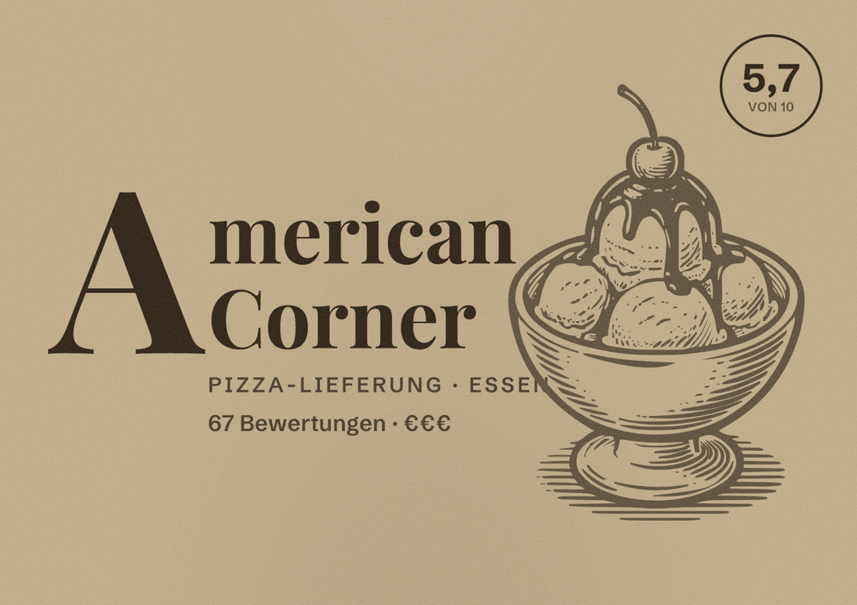 Illustriertes Poster von American Corner, Pizza-Lieferung in Essen: Bewertung 5,7 von 10 aus 67 Bewertungen, Preisniveau €€€