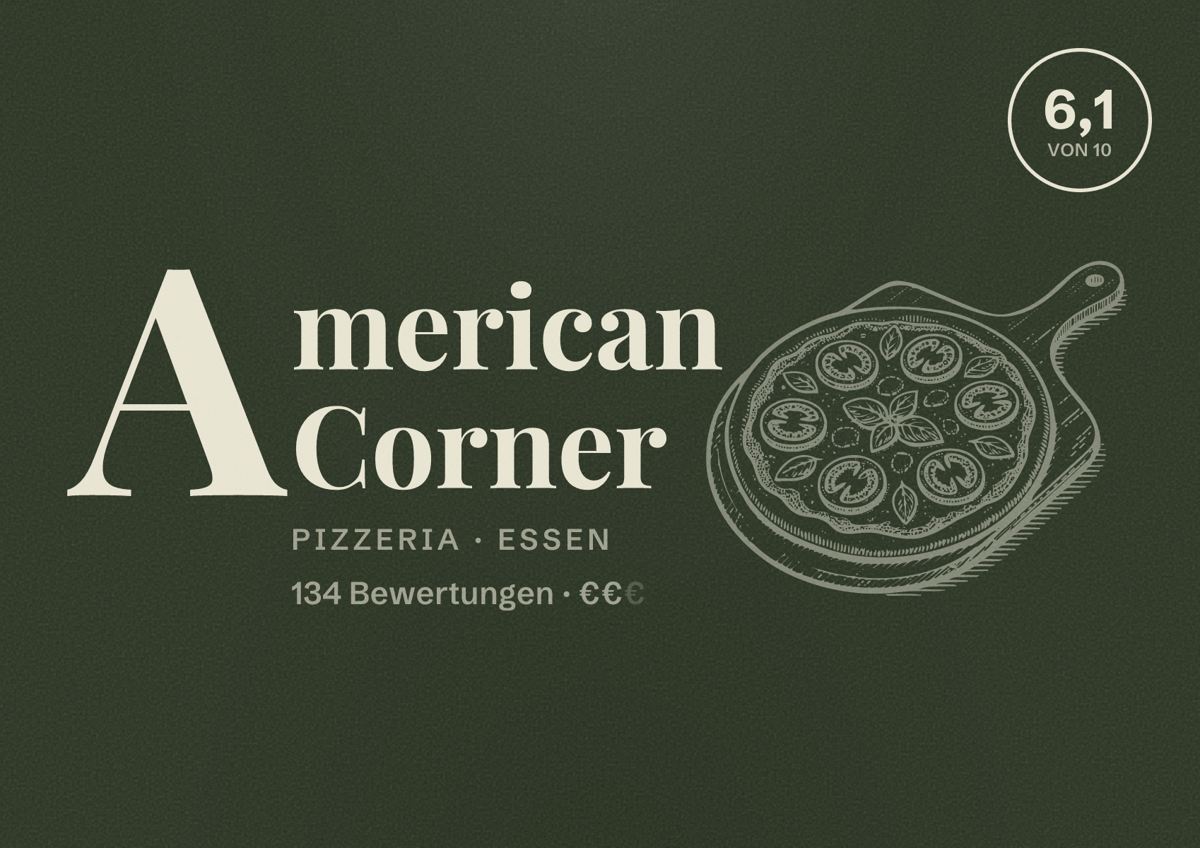 Illustriertes Poster von American Corner, Pizzeria in Essen: Gästebewertung 6,1 von 10 aus 134 Bewertungen