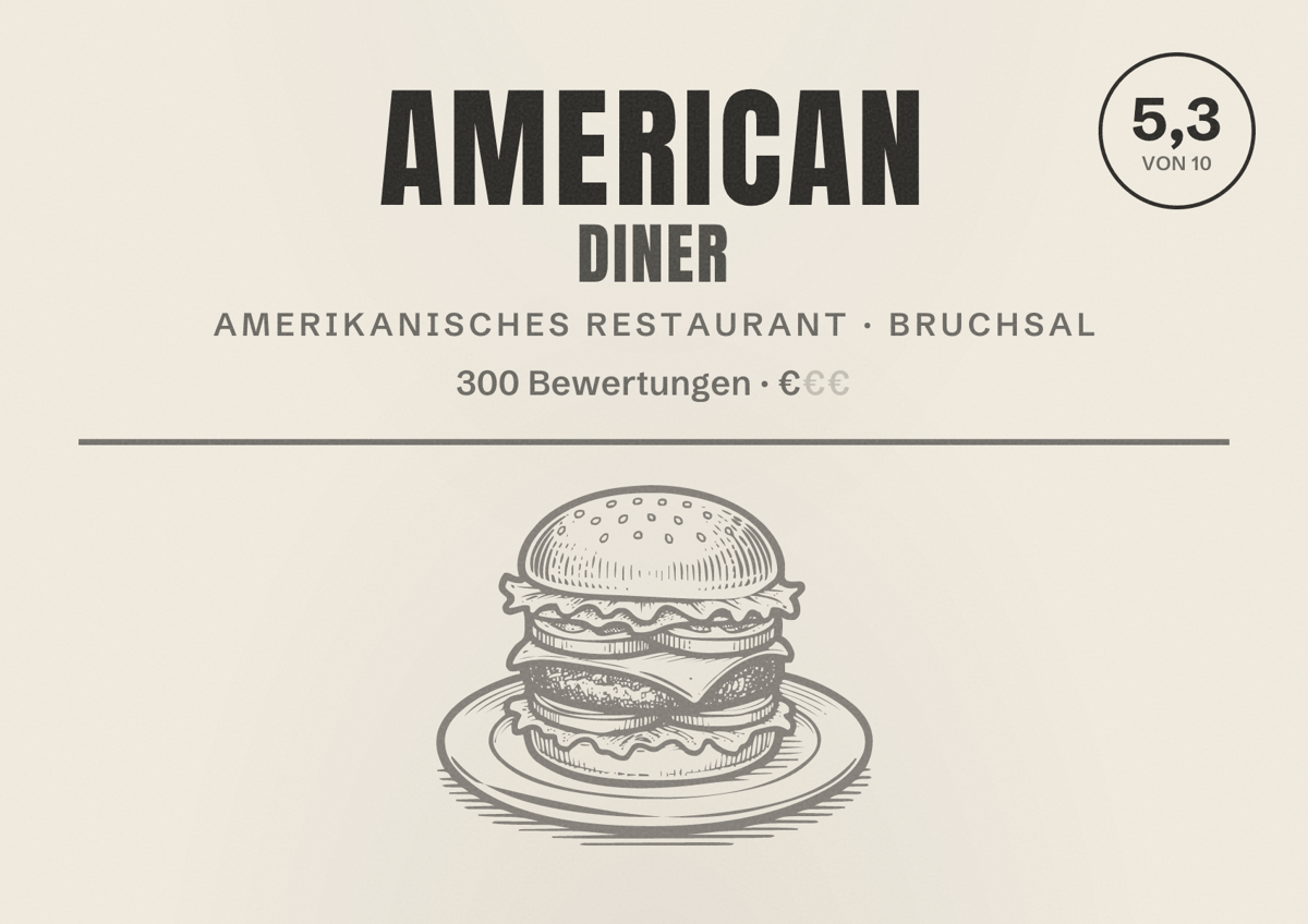 Illustriertes Poster von American Diner, Amerikanisches Restaurant in Bruchsal: Bewertung 5,3 von 10 aus 300 Bewertungen, Preisniveau €