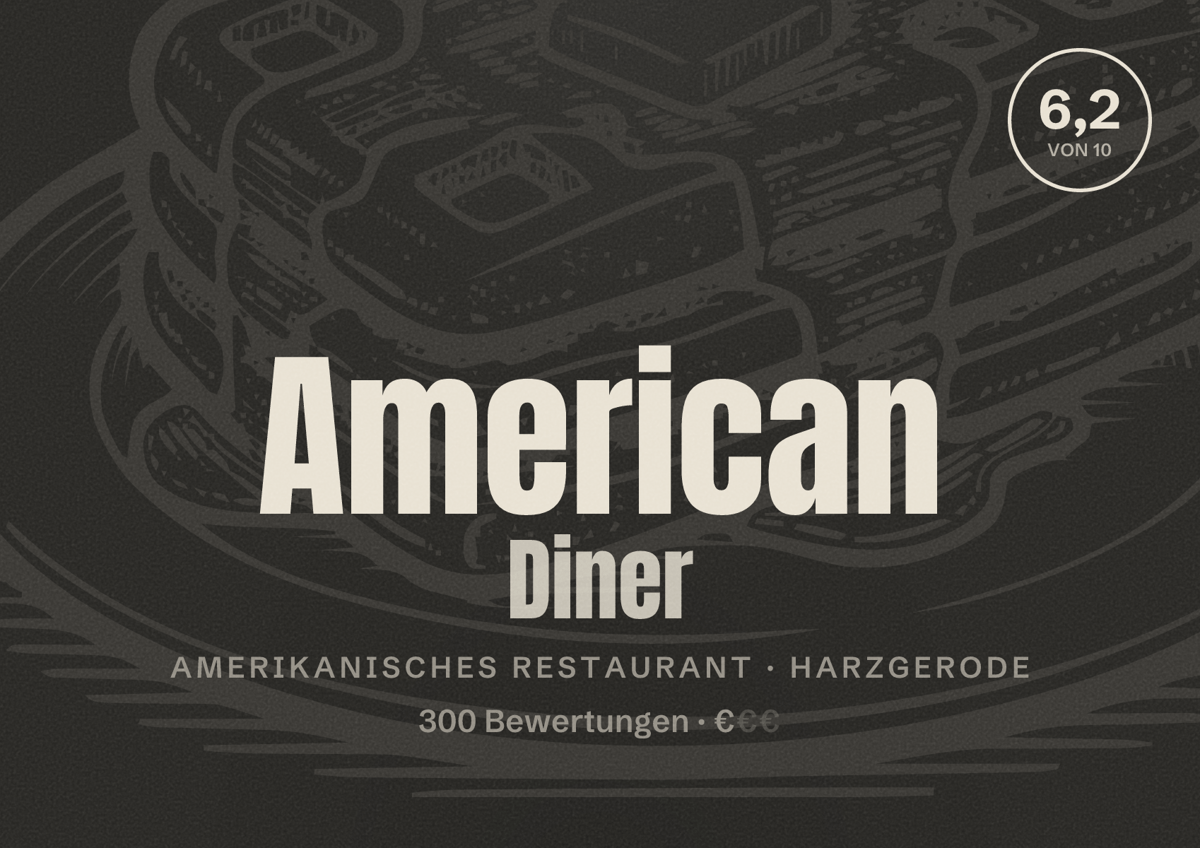 Illustriertes Poster von American Diner, Amerikanisches Restaurant in Harzgerode: Bewertung 6,2 von 10 aus 300 Bewertungen, Preisniveau €