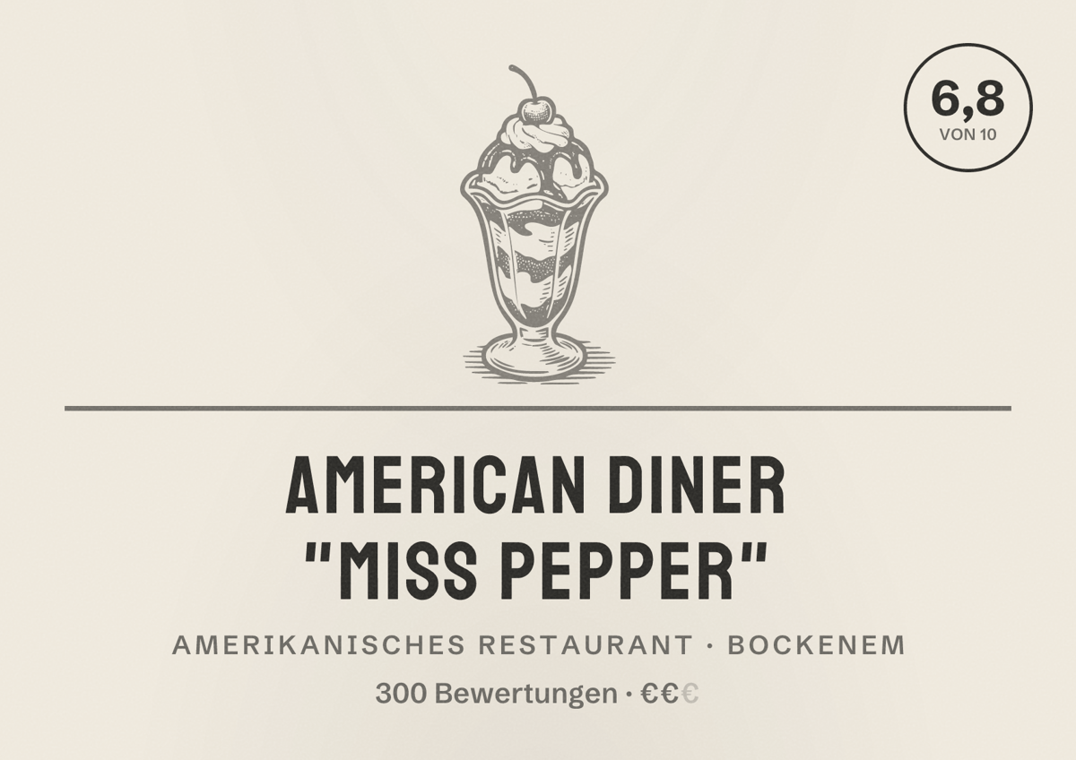 Illustriertes Poster von American Diner "Miss Pepper", Amerikanisches Restaurant in Bockenem: Bewertung 6,8 von 10 aus 300 Bewertungen, Preisniveau €€