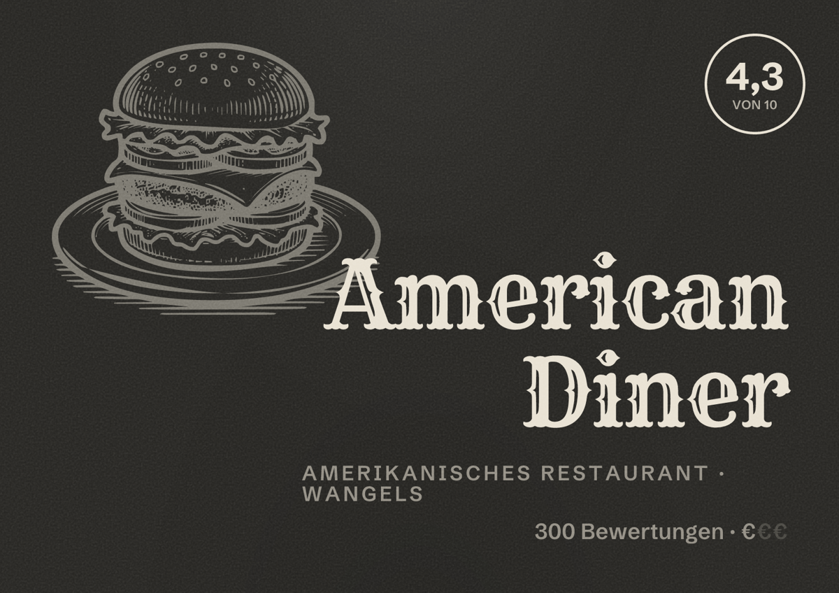 Illustriertes Poster von American Diner, Amerikanisches Restaurant in Wangels: Bewertung 4,3 von 10 aus 300 Bewertungen, Preisniveau €