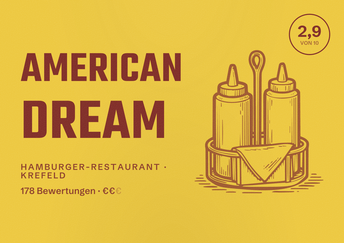 Illustriertes Poster von American Dream, Hamburger-Restaurant in Krefeld: Bewertung 2,9 von 10 aus 178 Bewertungen, Preisniveau €€