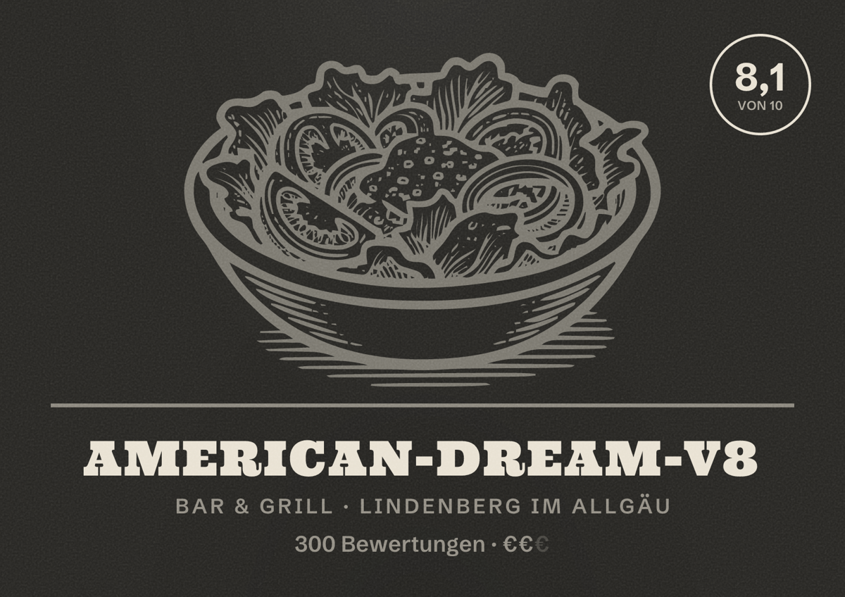 Illustriertes Poster von American-Dream-V8, Bar & Grill in Lindenberg im Allgäu: Bewertung 8,1 von 10 aus 300 Bewertungen, Preisniveau €€