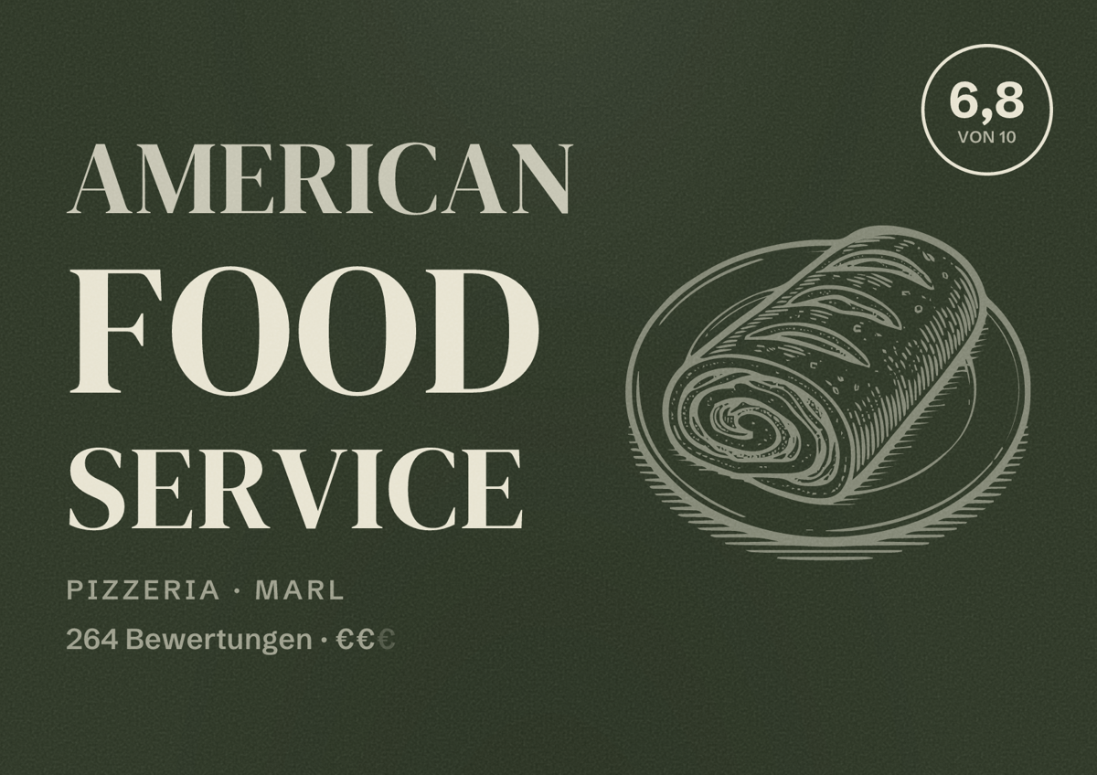 Illustriertes Poster von American Food Service, Pizzeria in Marl: Bewertung 6,8 von 10 aus 264 Bewertungen, Preisniveau €€
