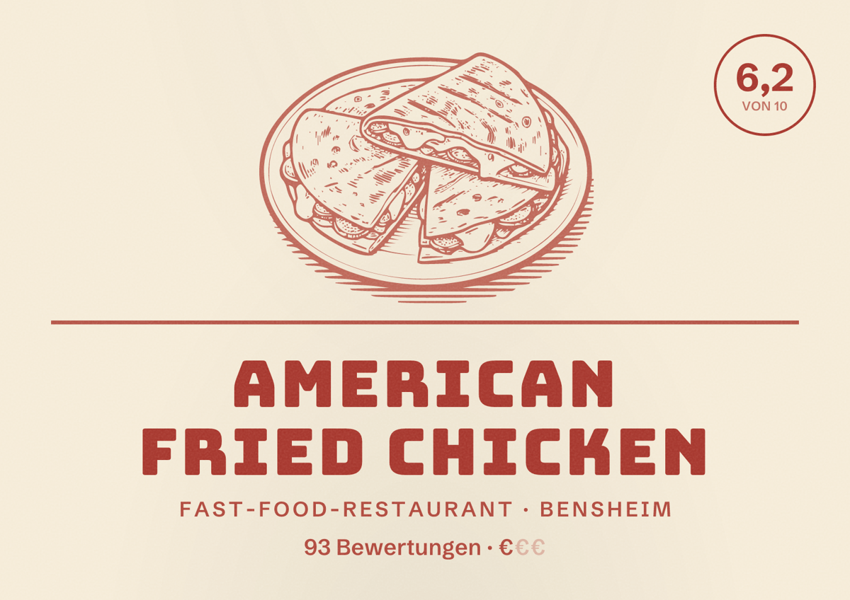 Illustriertes Poster von American Fried Chicken, Fast-Food-Restaurant in Bensheim: Bewertung 6,2 von 10 aus 93 Bewertungen, Preisniveau €
