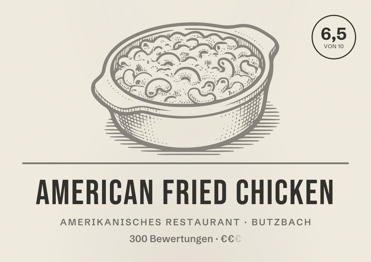 Illustriertes Poster von American Fried Chicken, Amerikanisches Restaurant in Butzbach: Bewertung 6,5 von 10 aus 300 Bewertungen, Preisniveau €€