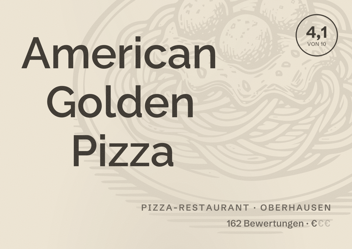 Illustriertes Poster von American Golden Pizza, Pizza-Restaurant in Oberhausen: Bewertung 4,1 von 10 aus 162 Bewertungen, Preisniveau €