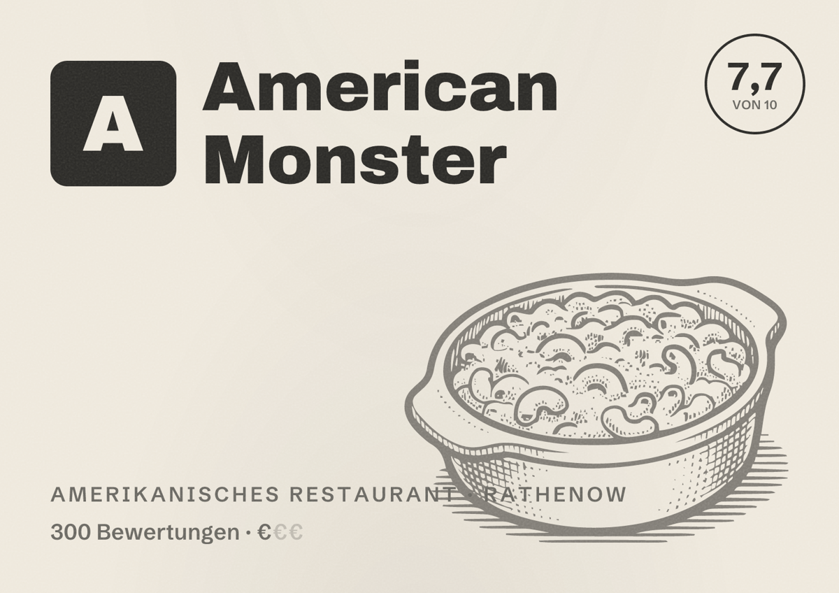 Illustriertes Poster von American Monster, Amerikanisches Restaurant in Rathenow: Bewertung 7,7 von 10 aus 300 Bewertungen, Preisniveau €