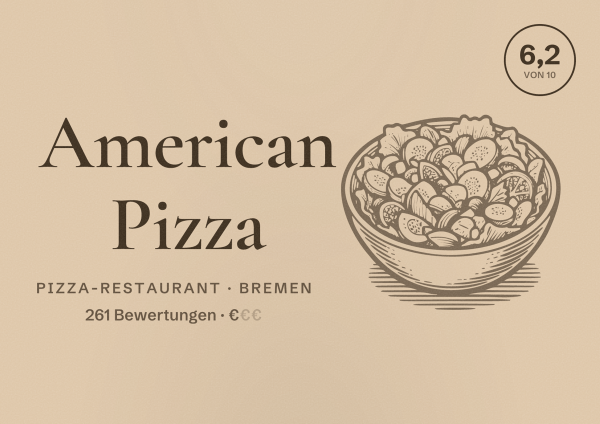 Illustriertes Poster von American Pizza, Pizza-Restaurant in Bremen: Bewertung 6,2 von 10 aus 261 Bewertungen, Preisniveau €