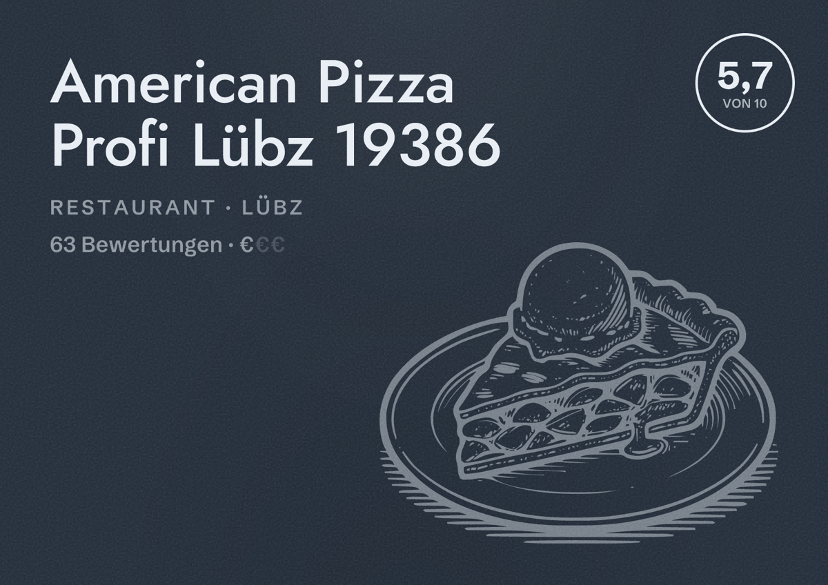 Illustriertes Poster von American Pizza Profi Lübz 19386, Restaurant in Lübz: Bewertung 5,7 von 10 aus 63 Bewertungen, Preisniveau €