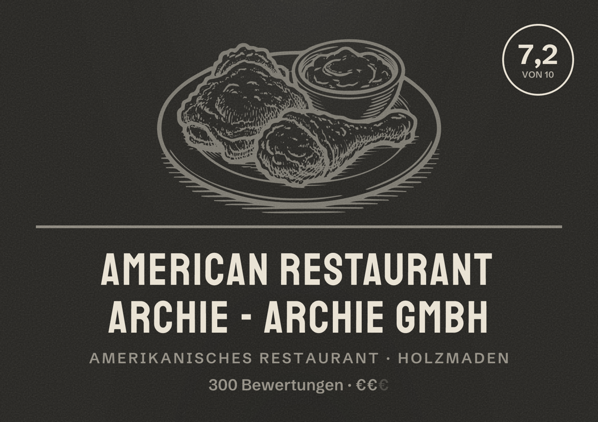 Illustriertes Poster von American Restaurant archie - archie GmbH, Amerikanisches Restaurant in Holzmaden: Bewertung 7,2 von 10 aus 300 Bewertungen, Preisniveau €€