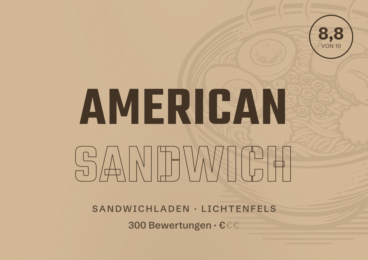 Illustriertes Poster von American Sandwich, Sandwichladen in Lichtenfels: Bewertung 8,8 von 10 aus 300 Bewertungen, Preisniveau €