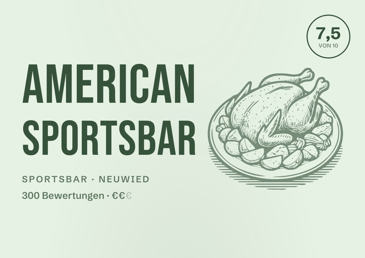 Illustriertes Poster von American Sportsbar, Sportsbar in Neuwied: Bewertung 7,5 von 10 aus 300 Bewertungen, Preisniveau €€