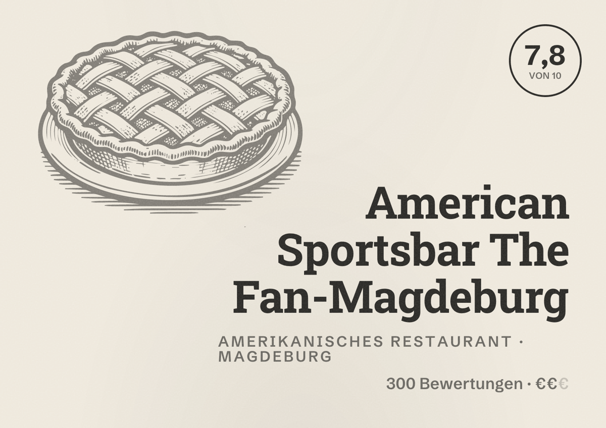 Illustriertes Poster von American Sportsbar The Fan-Magdeburg, Amerikanisches Restaurant in Magdeburg: Bewertung 7,8 von 10 aus 300 Bewertungen, Preisniveau €€