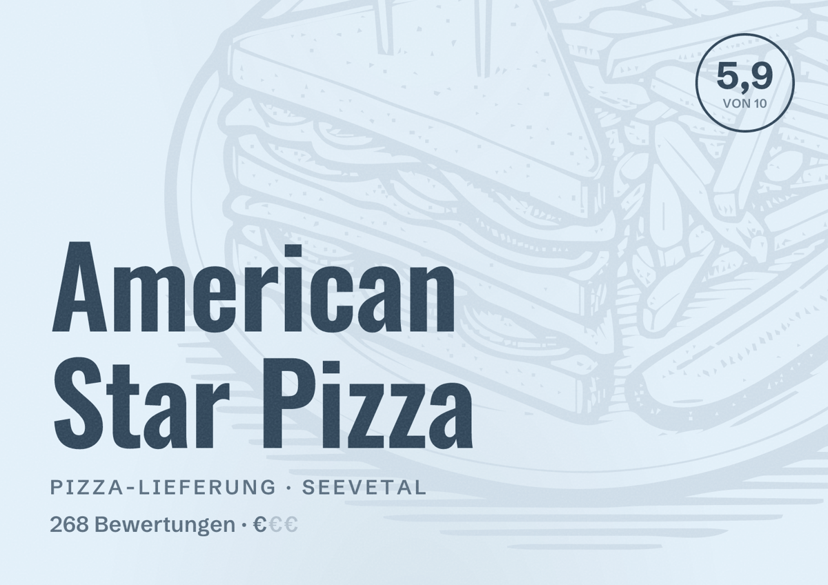 Illustriertes Poster von American Star Pizza, Pizza-Lieferung in Seevetal: Bewertung 5,9 von 10 aus 268 Bewertungen, Preisniveau €