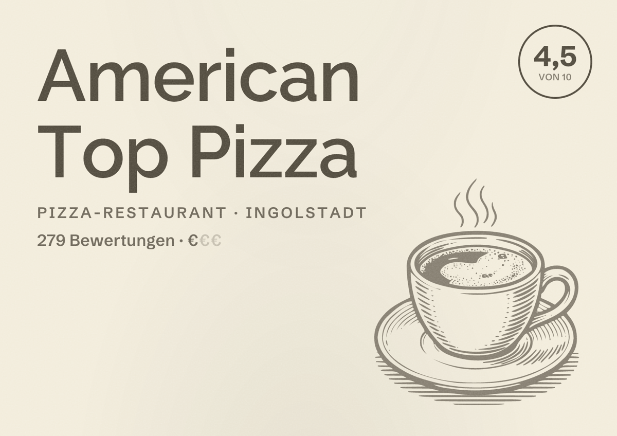 Illustriertes Poster von American Top Pizza, Pizza-Restaurant in Ingolstadt: Bewertung 4,5 von 10 aus 279 Bewertungen, Preisniveau €