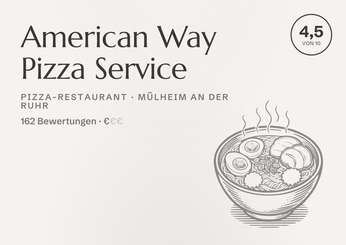 Illustriertes Poster von American Way Pizza Service, Pizza-Restaurant in Mülheim an der Ruhr: Bewertung 4,5 von 10 aus 162 Bewertungen, Preisniveau €