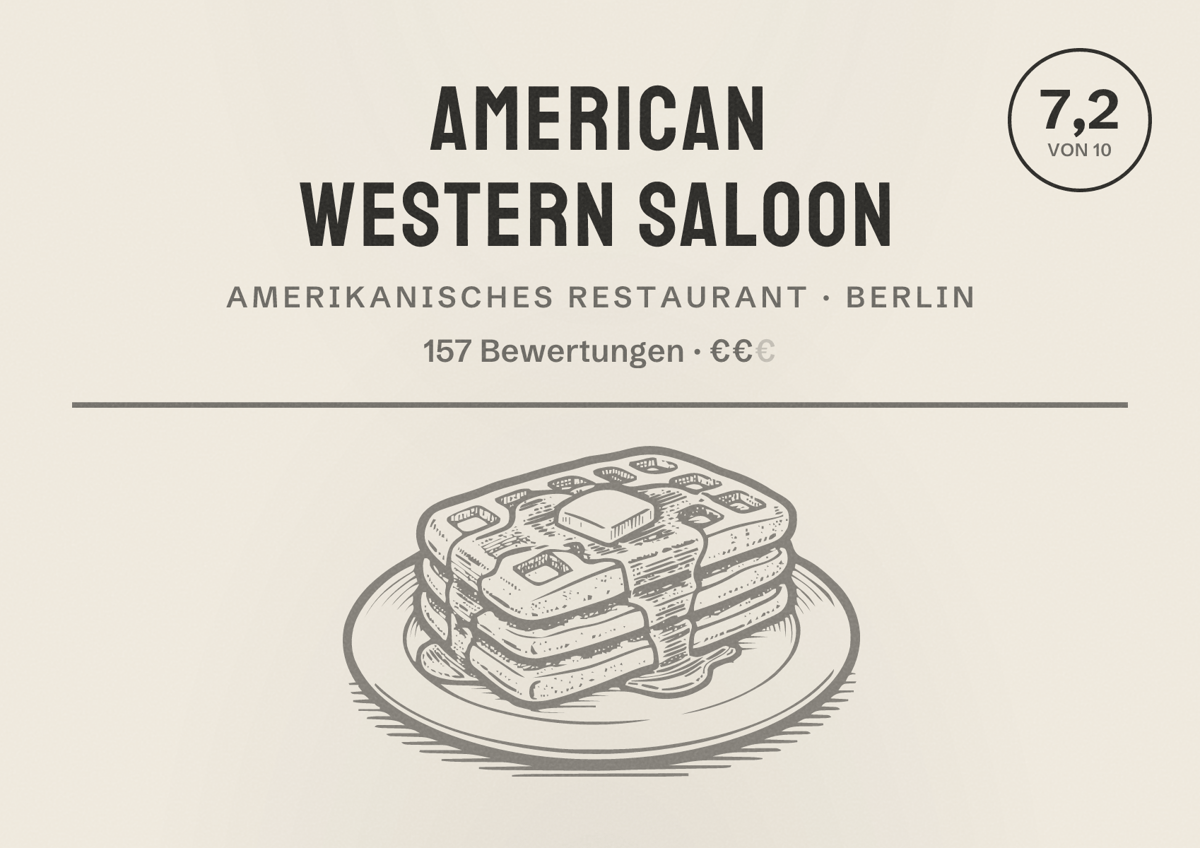 Illustriertes Poster von American Western Saloon, Amerikanisches Restaurant in Berlin: Bewertung 7,2 von 10 aus 157 Bewertungen, Preisniveau €€