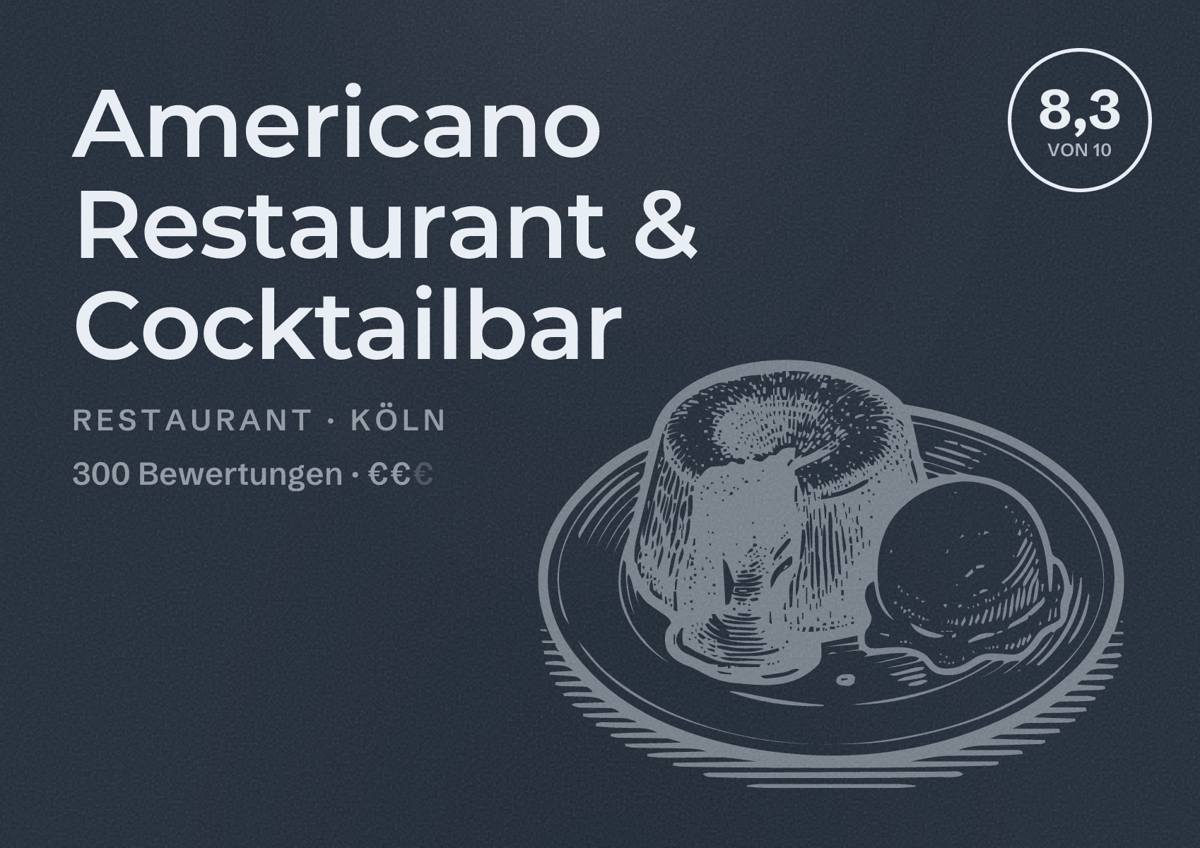 Illustriertes Poster von Americano Restaurant & Cocktailbar, Restaurant in Köln: Bewertung 8,3 von 10 aus 300 Bewertungen, Preisniveau €€